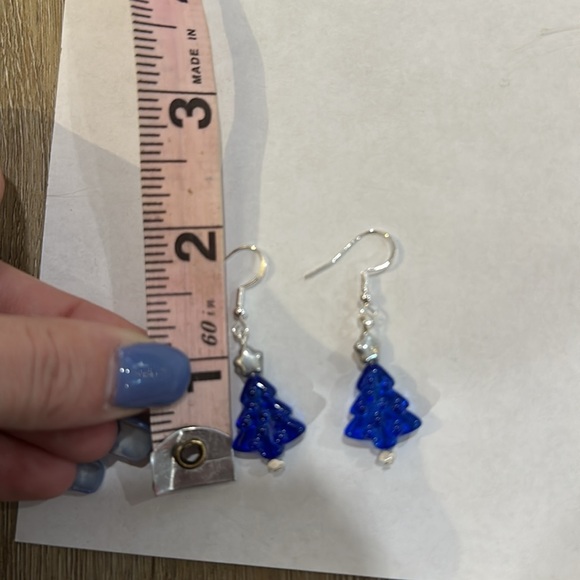 New handcrafted blue and silver christmas tree earrings. Dangly. About 2 in - Picture 2 of 2